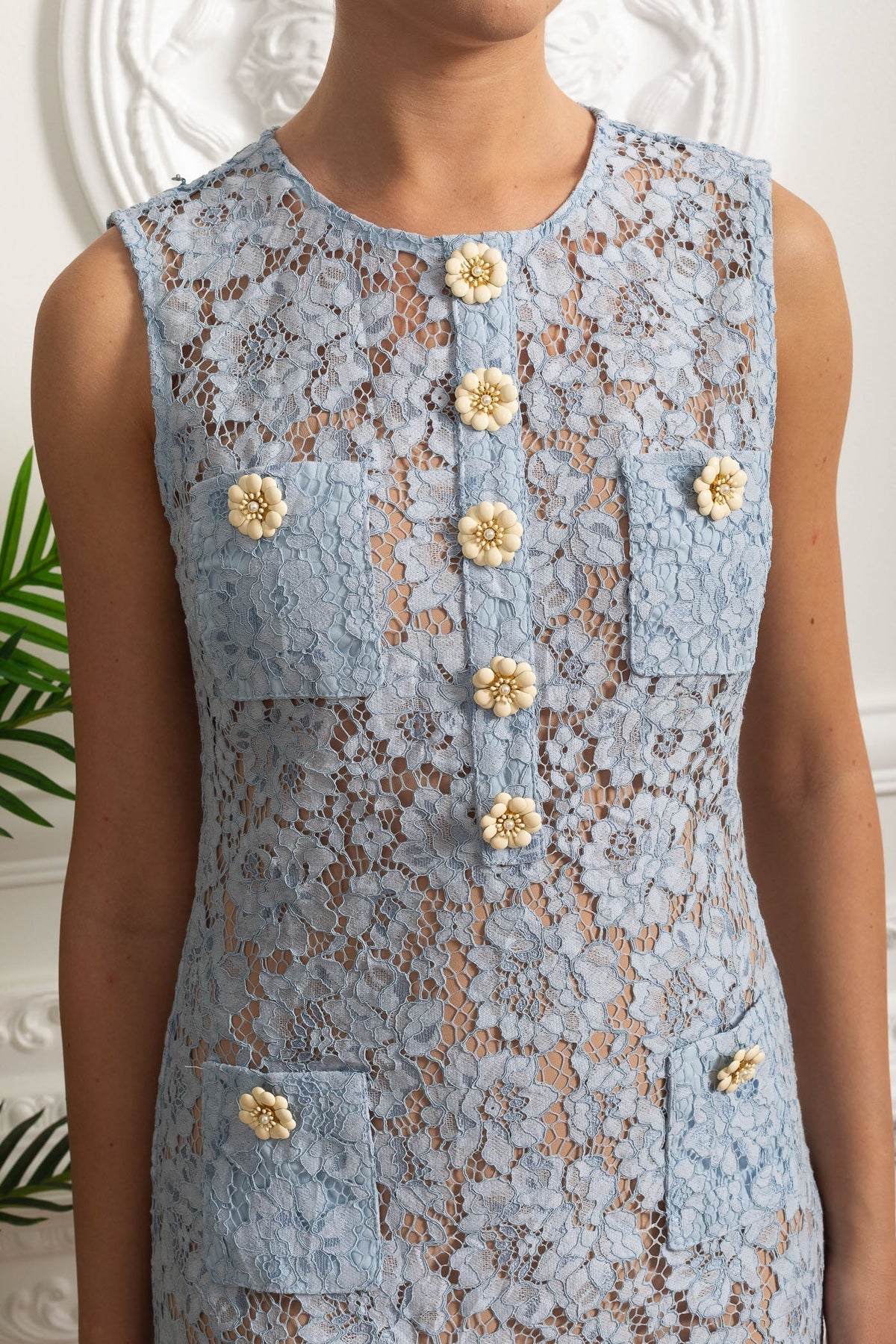 Floral Lace Sleeveless Round Neck Flower Button Pocket Scalloped Hem Mini Dress 4