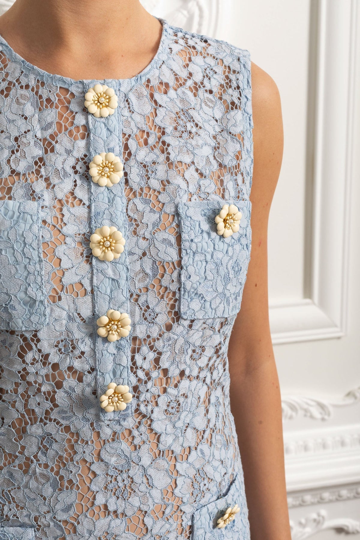 Floral Lace Sleeveless Round Neck Flower Button Pocket Scalloped Hem Mini Dress 5