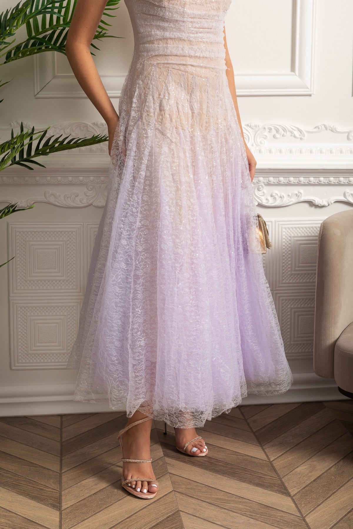 Strapless Ombre Lace Tulle A-Line Midi Dress 8