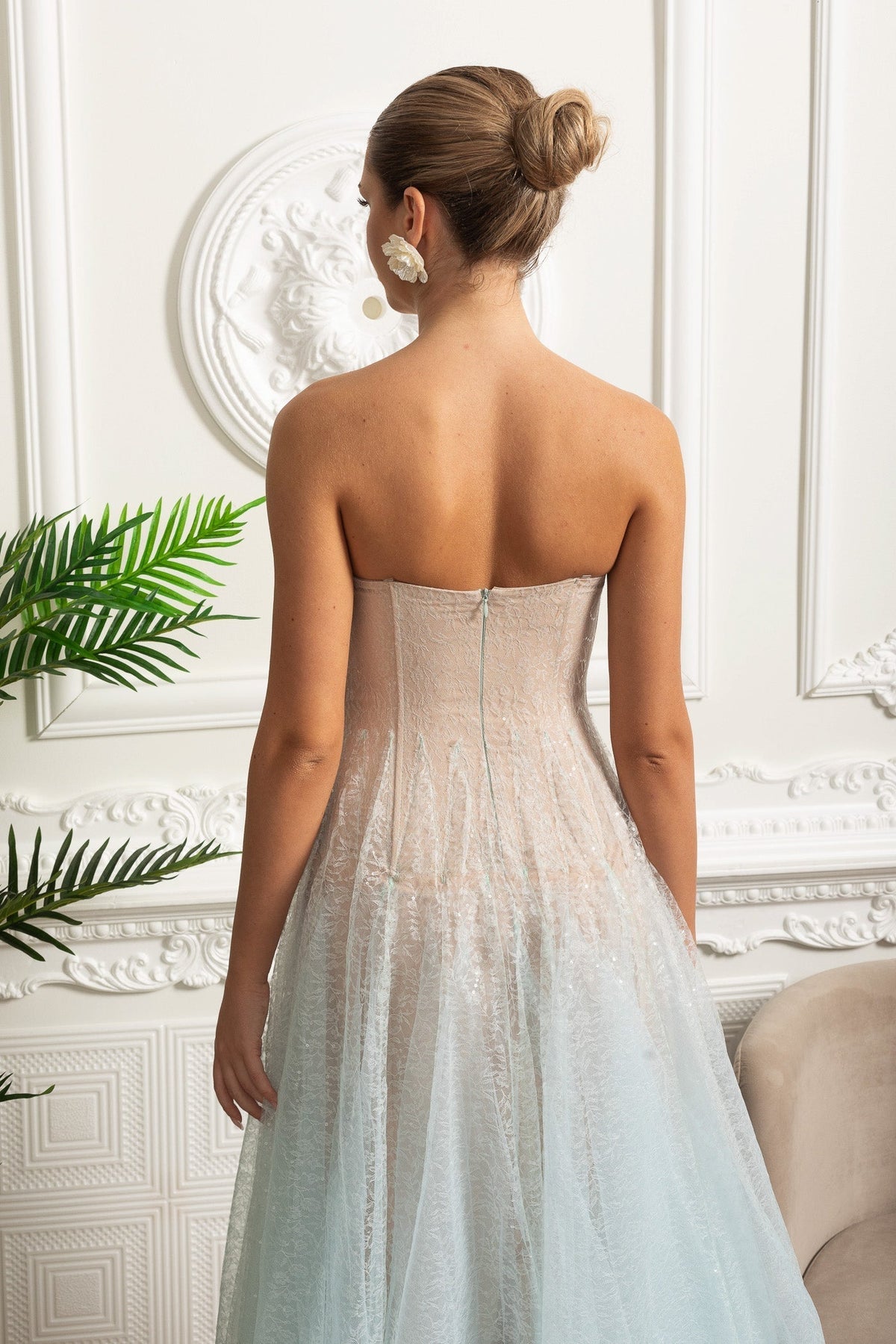 Strapless Ombre Lace Tulle A-Line Midi Dress 8