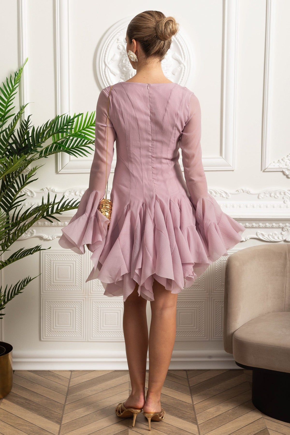 Sweetheart Neck Sheer Flared Long Sleeve Button Front Ruffle Hem Mini Dress 5