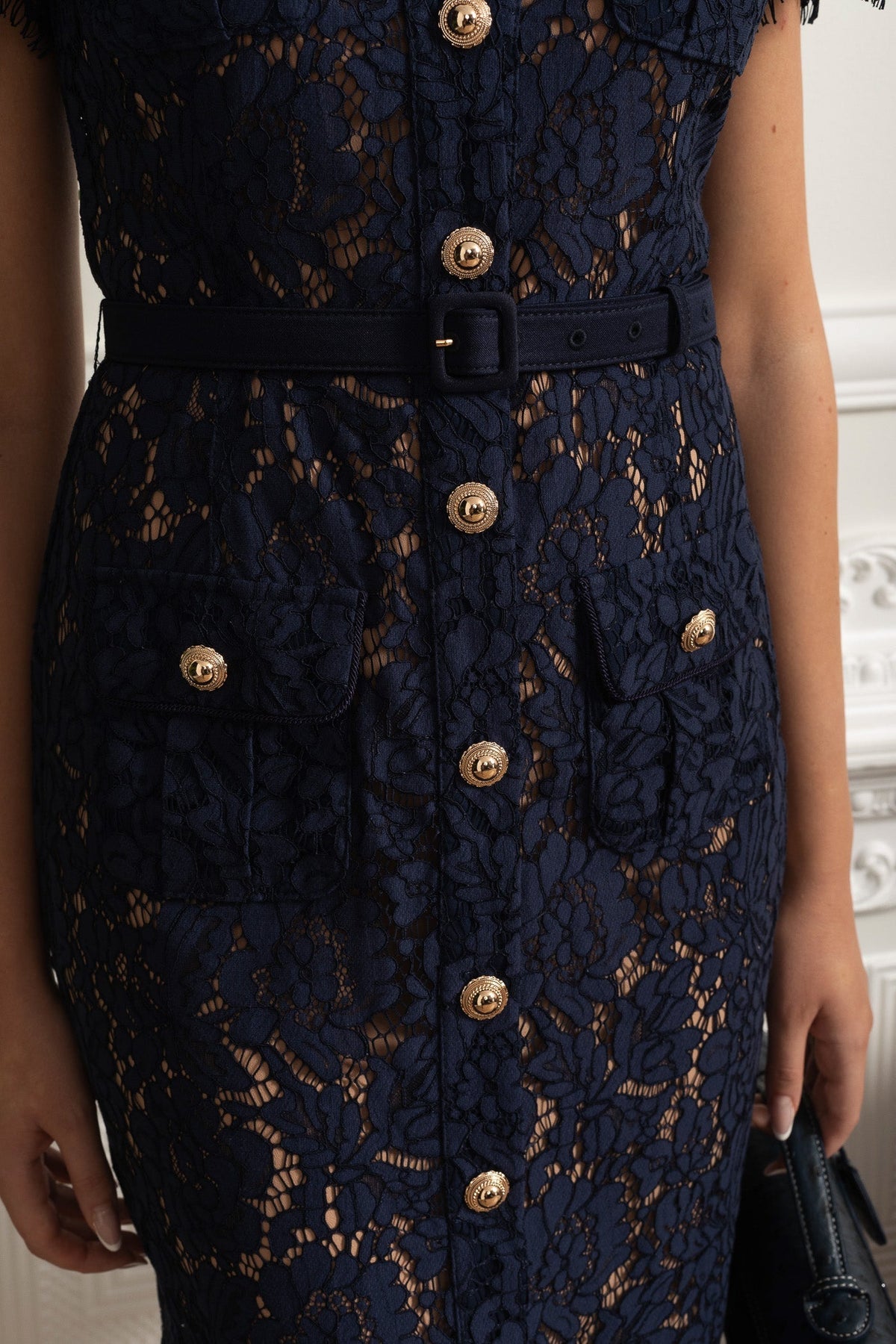Floral Lace Contrast Collar Short Sleeve Belted Button Front Midi Dress 9