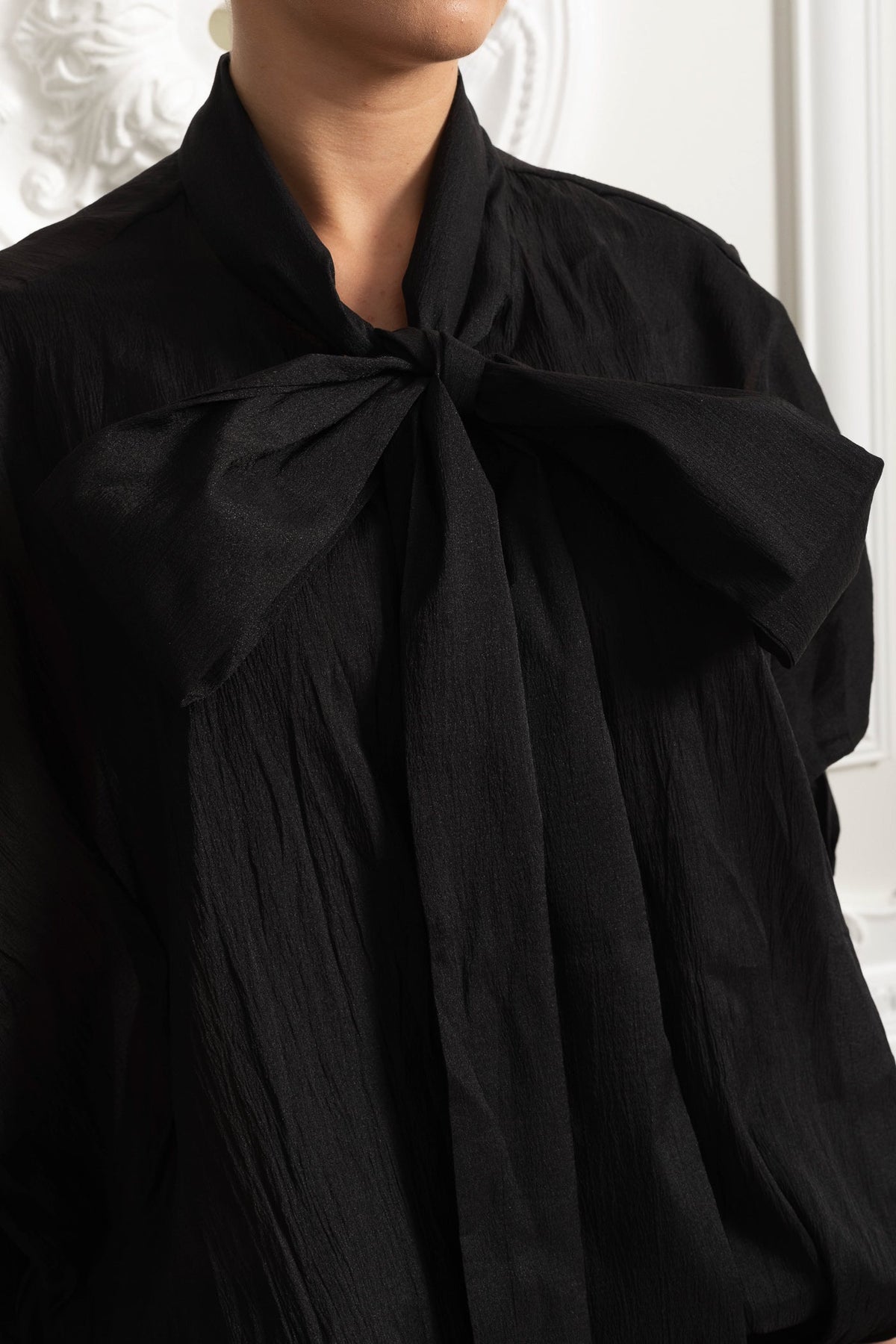 Sheer Bow Tie Neck Pleated Long Sleeve Oversized Ruffle Hem Mini Dress 5