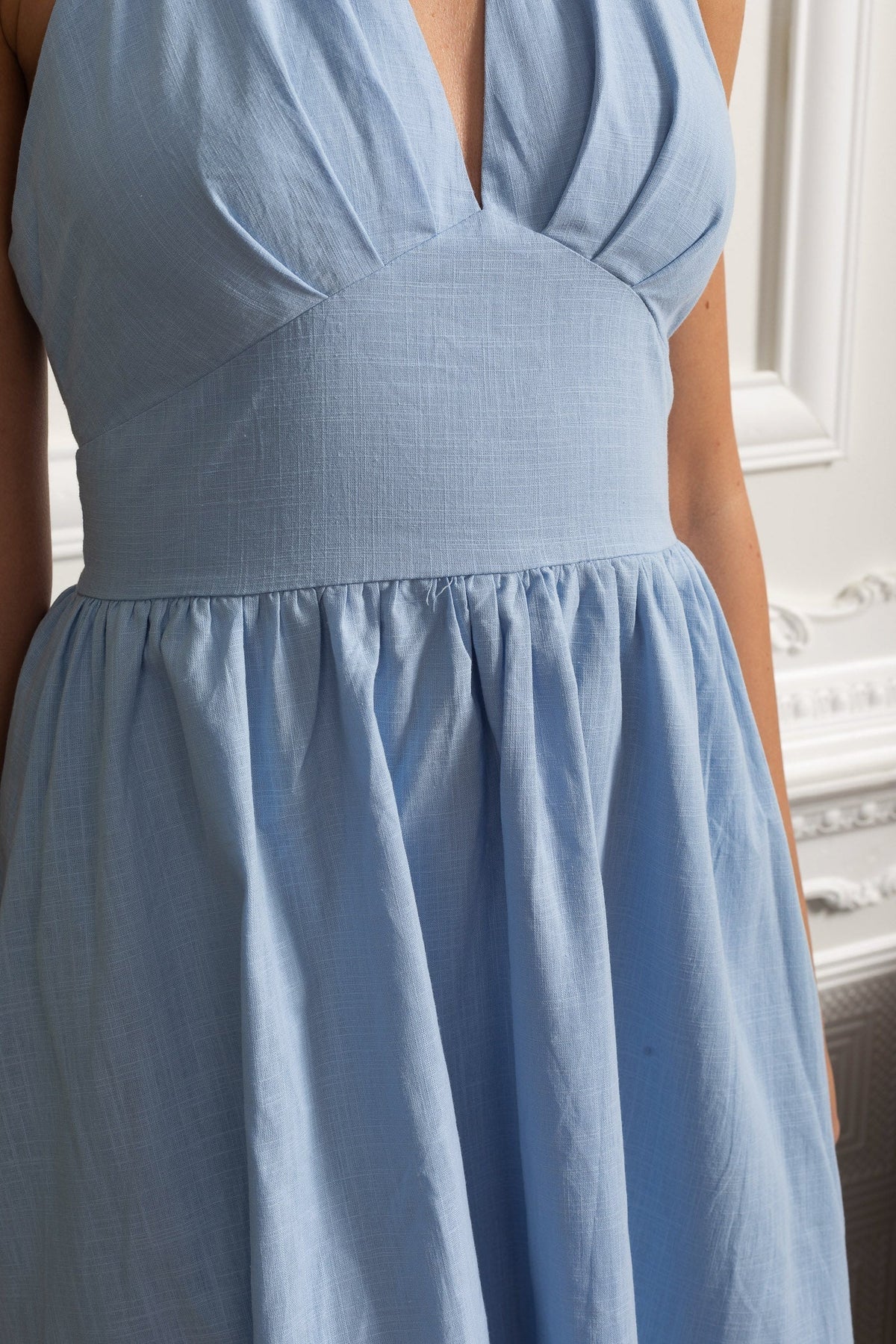 Halter Neck Deep V-Neck Pleated Bust Gathered A-Line Midi Dress 6