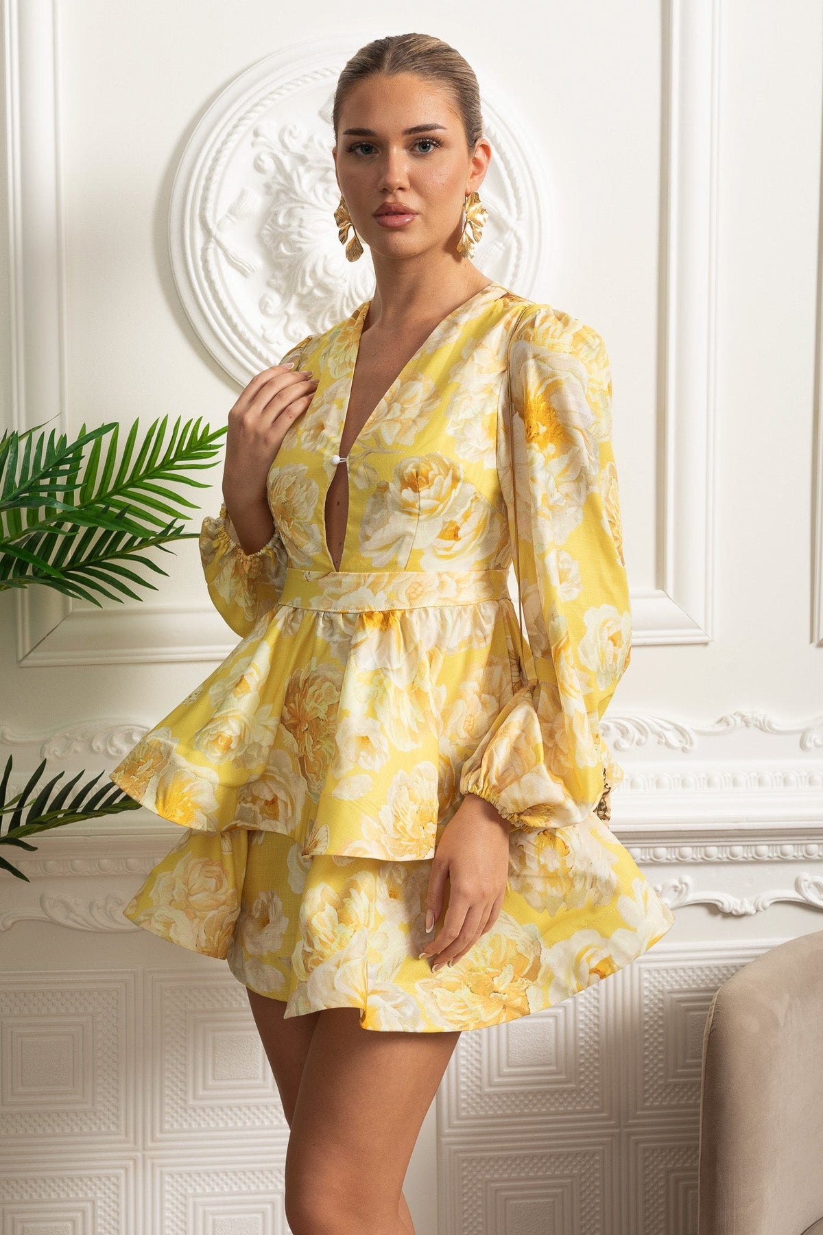 Rose Print Deep V-Neck Balloon Long Sleeve Tiered Peplum Mini Dress 6