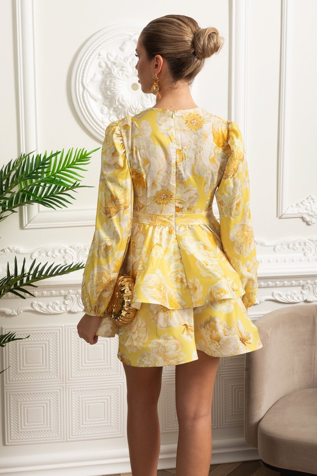 Rose Print Deep V-Neck Balloon Long Sleeve Tiered Peplum Mini Dress 7