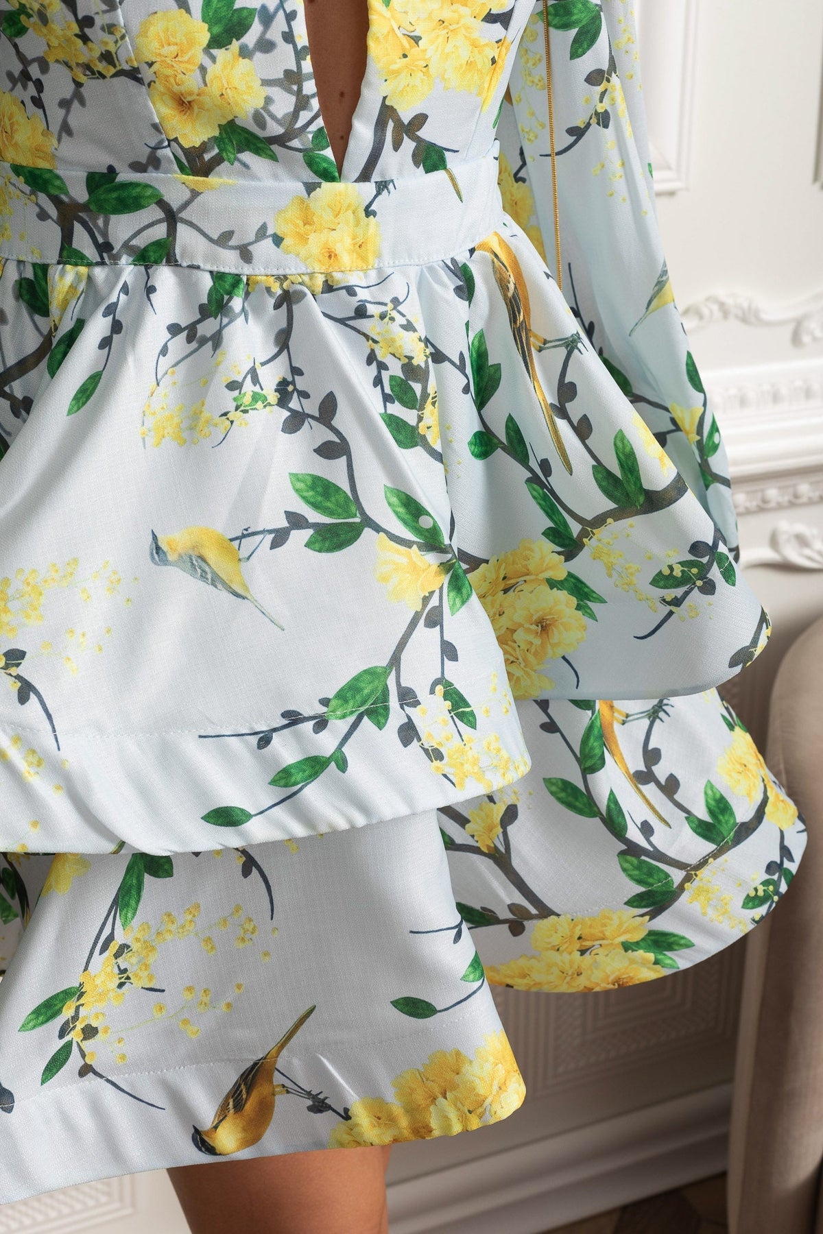 Floral Bird Print Deep V-Neck Balloon Long Sleeve Tiered Peplum Mini Dress 5