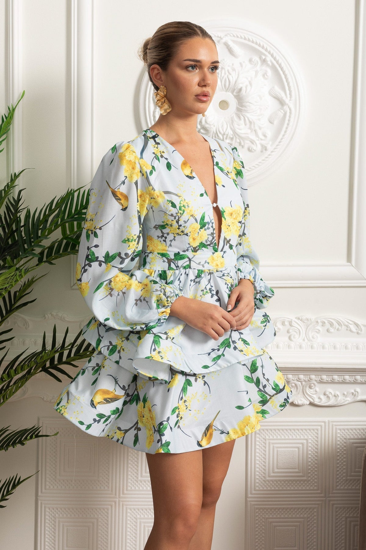 Floral Bird Print Deep V-Neck Balloon Long Sleeve Tiered Peplum Mini Dress 6