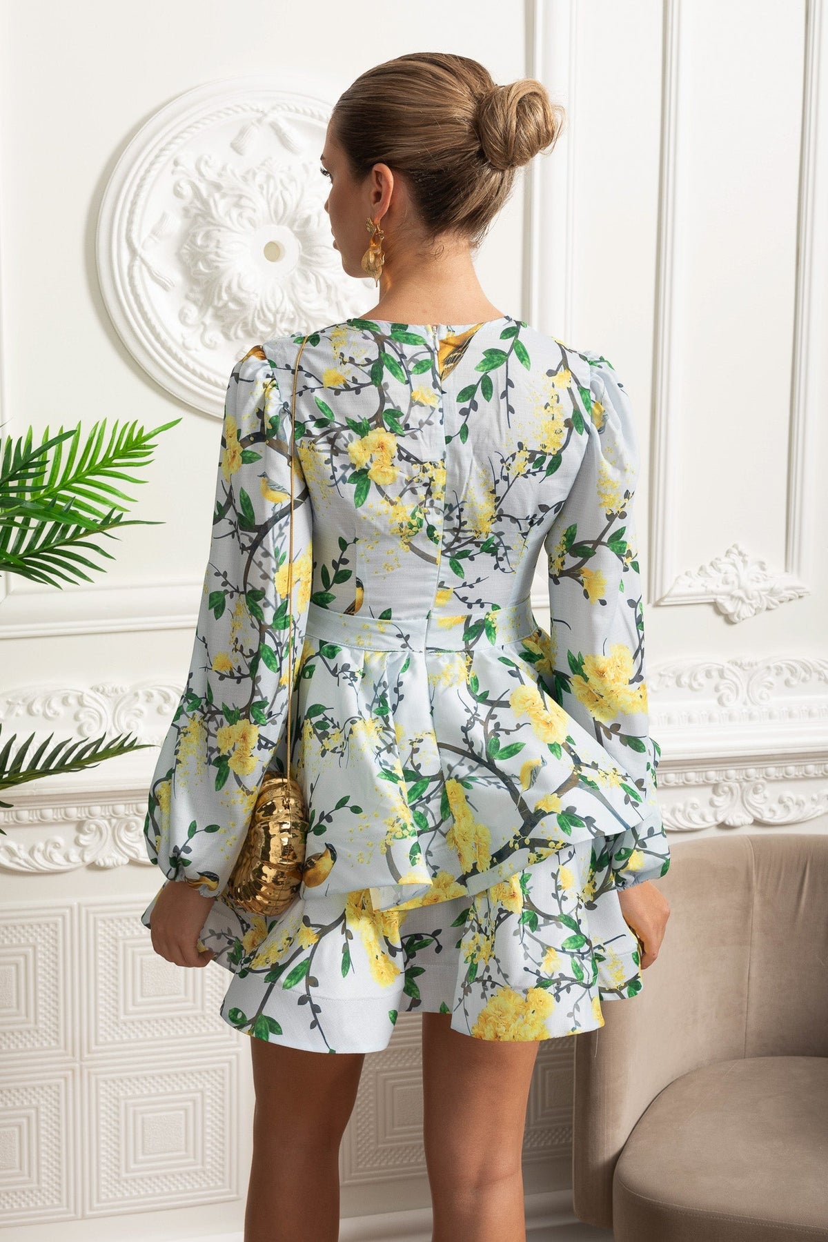 Floral Bird Print Deep V-Neck Balloon Long Sleeve Tiered Peplum Mini Dress 8