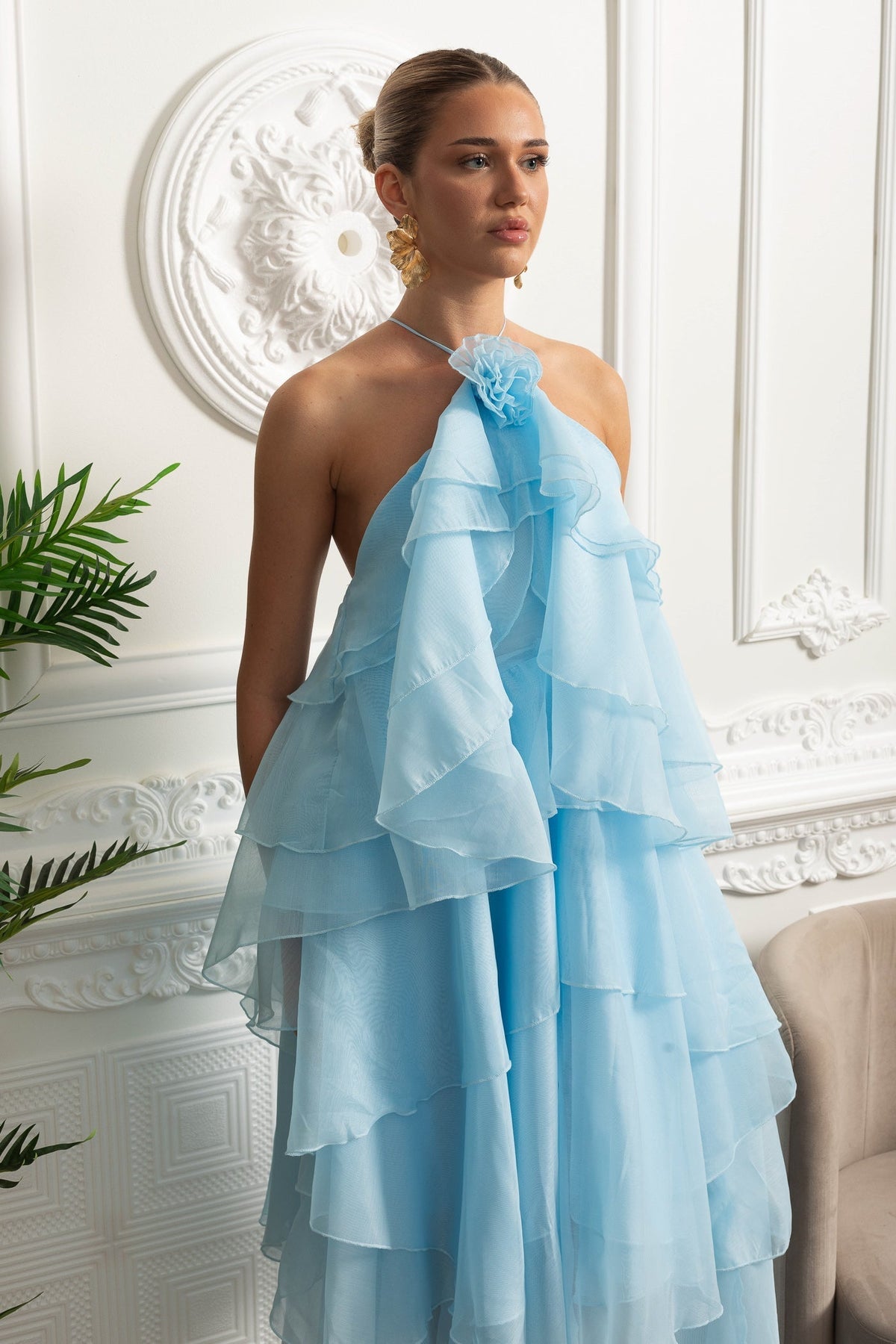 Halter Neck Rosette Tiered Ruffle Organza Trapeze Maxi Dress 4