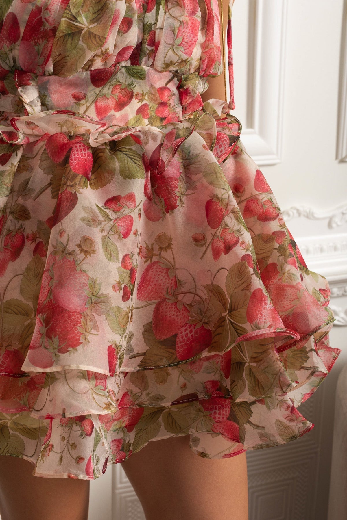 Strawberry Print Tie Strap Ruched Bust Tiered Ruffle Mini Dress 4