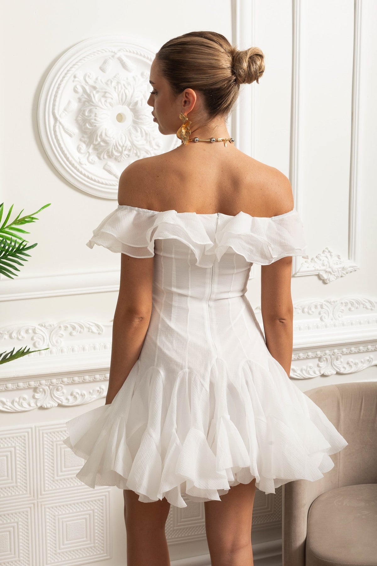 Off Shoulder Ruffle Trim Organza Drop Waist Flounce Hem Mini Dress 11