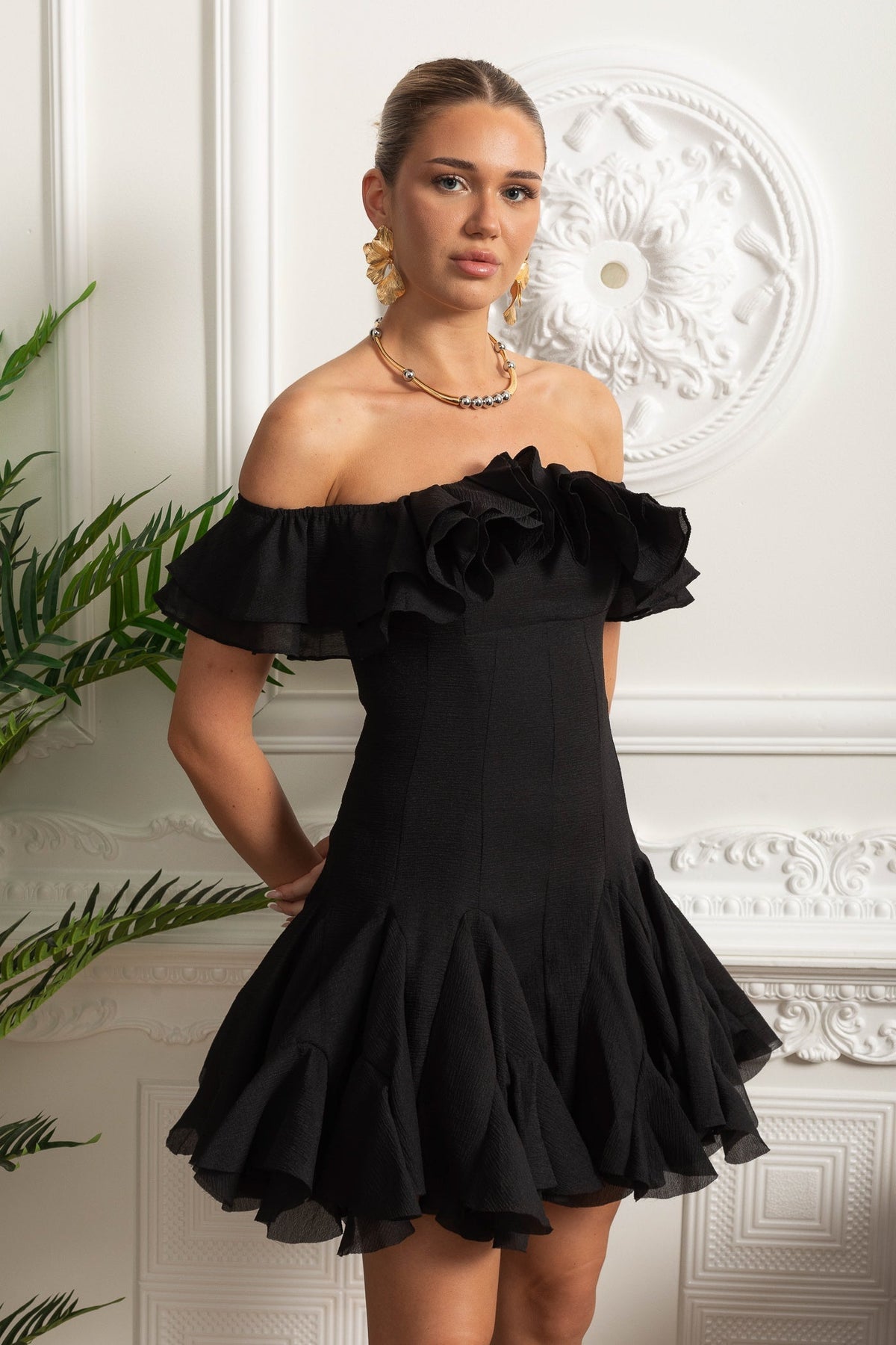 Off Shoulder Ruffle Trim Rosette Drop Waist Godet Hem Mini Dress 6