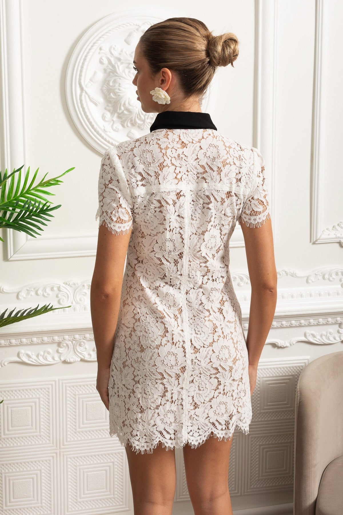 Floral Lace Contrast Collar Button Front Four Pocket Short Sleeve Mini Dress 8
