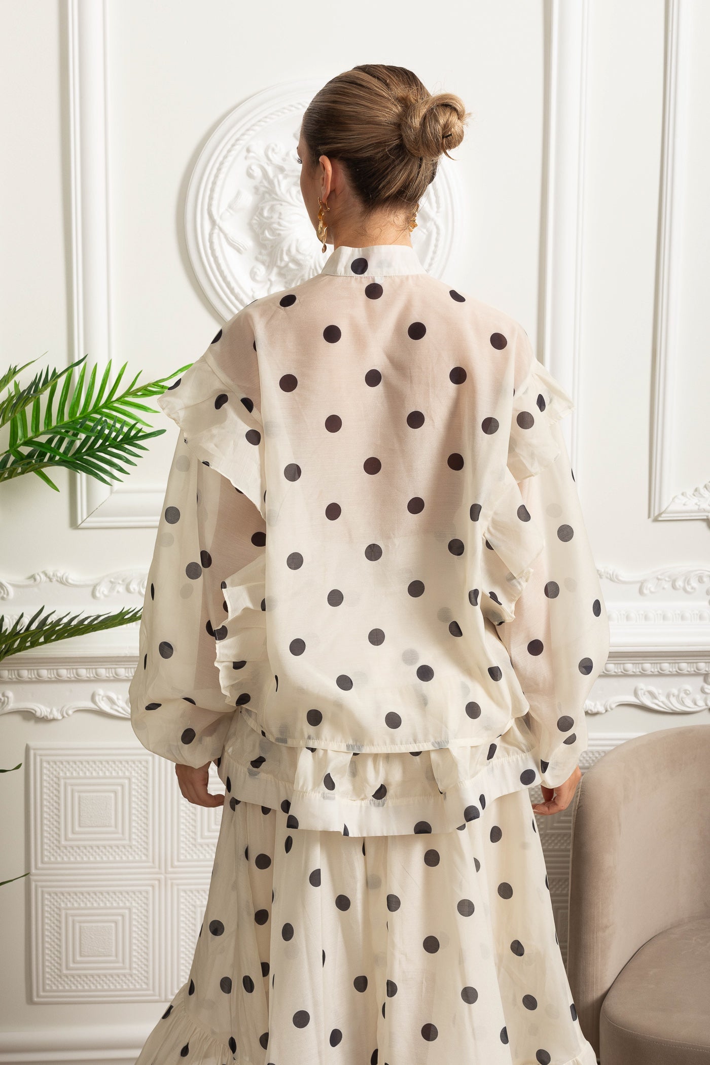 Polka Dot Co-Ord with Voluminous Sleeves and Statement Waist Bow - Ivoire