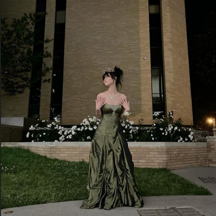 Pretty Ball Gown Strapless Satin Olive Green Long Ruffles Prom Dresses Formal Evening Dress SD2381