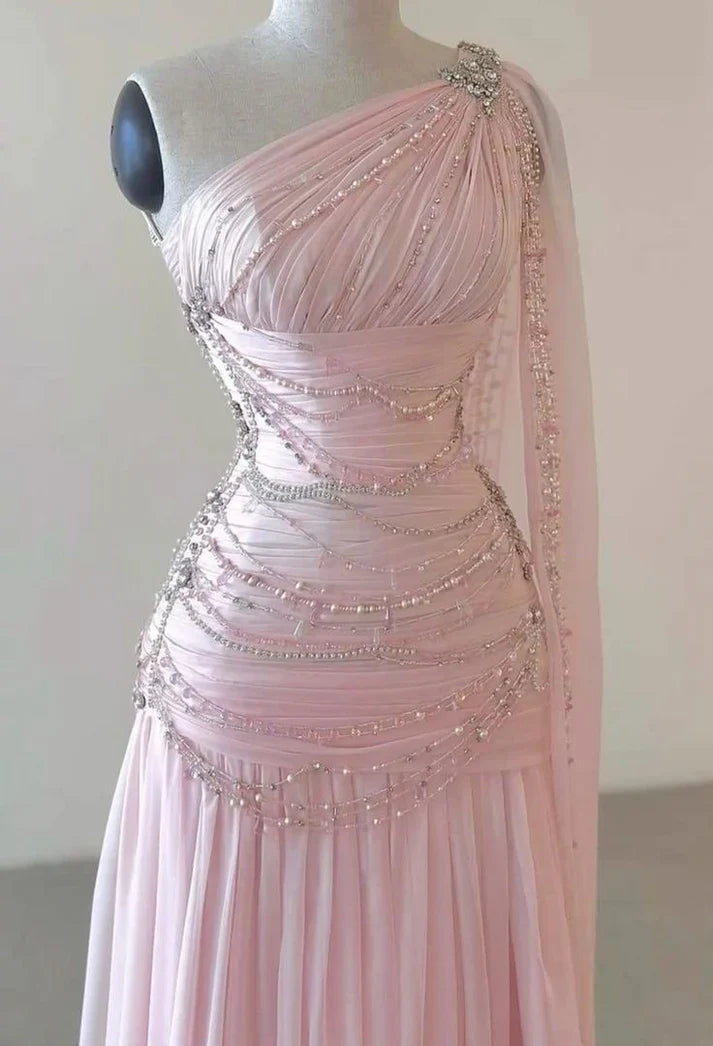 Vintage One Shoulder Pink Beaded  A Line Chiffon Evening Dress Elegant Prom Dress cc1659