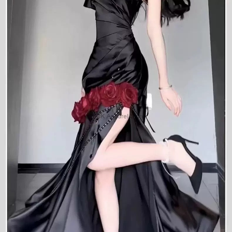 Retro Mermaid One Shoulder Black Satin Party Dress Long Prom Dresses SD1471
