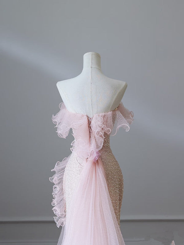 Modest Mermaid Strapless Pink Tulle Flowers Evening Dress Long Prom Dresses SD1650