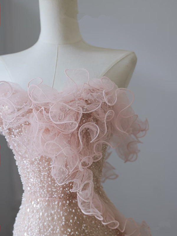 Modest Mermaid Strapless Pink Tulle Flowers Evening Dress Long Prom Dresses SD1650