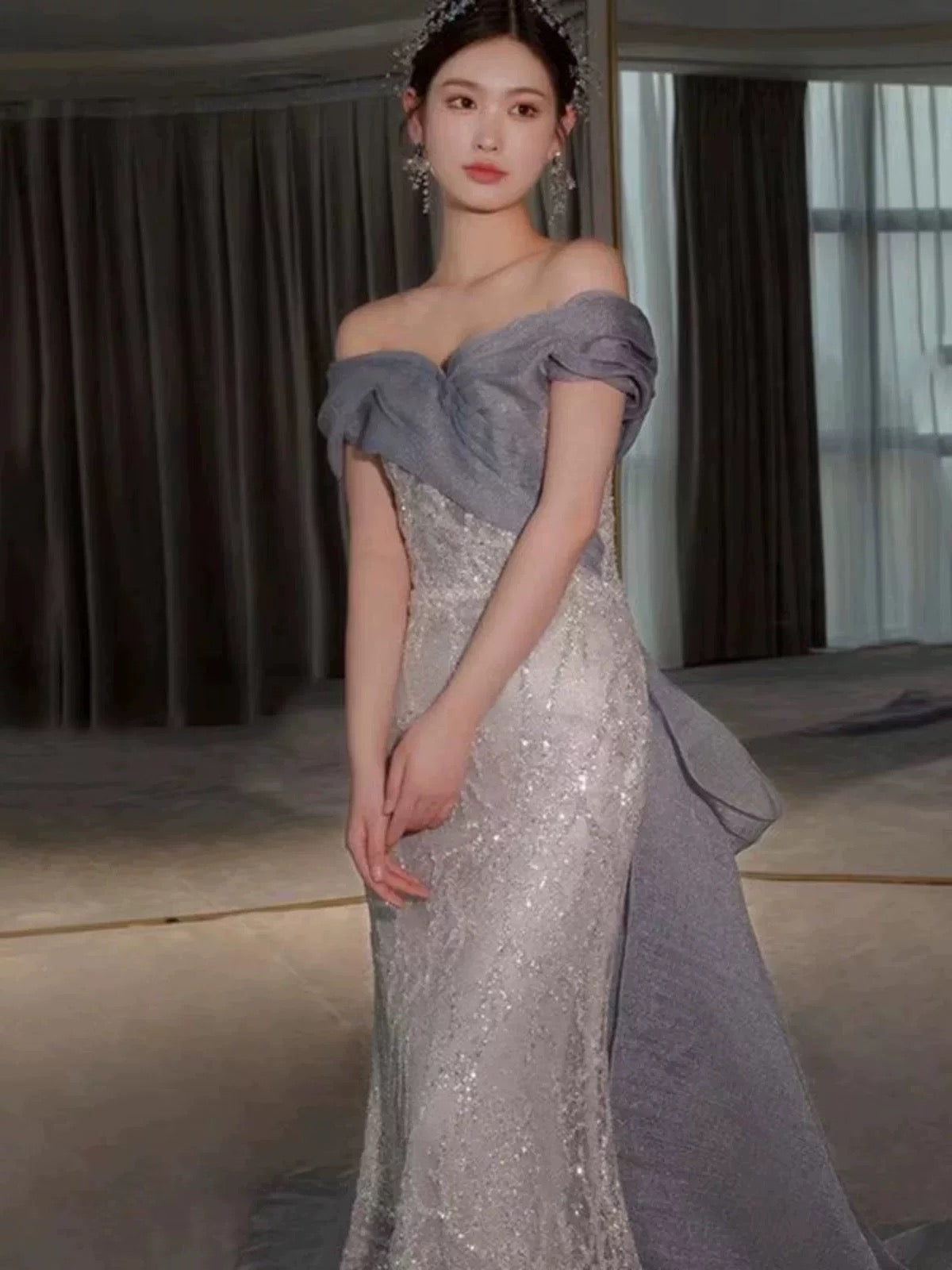 Classy Mermaid Off The Shoulder Blue Sequin Long Party Dress Prom Dresses SD1826