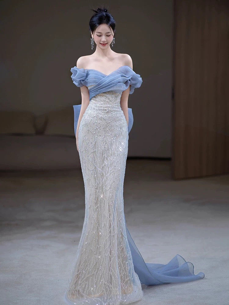 Classy Mermaid Off The Shoulder Blue Sequin Long Party Dress Prom Dresses SD1826