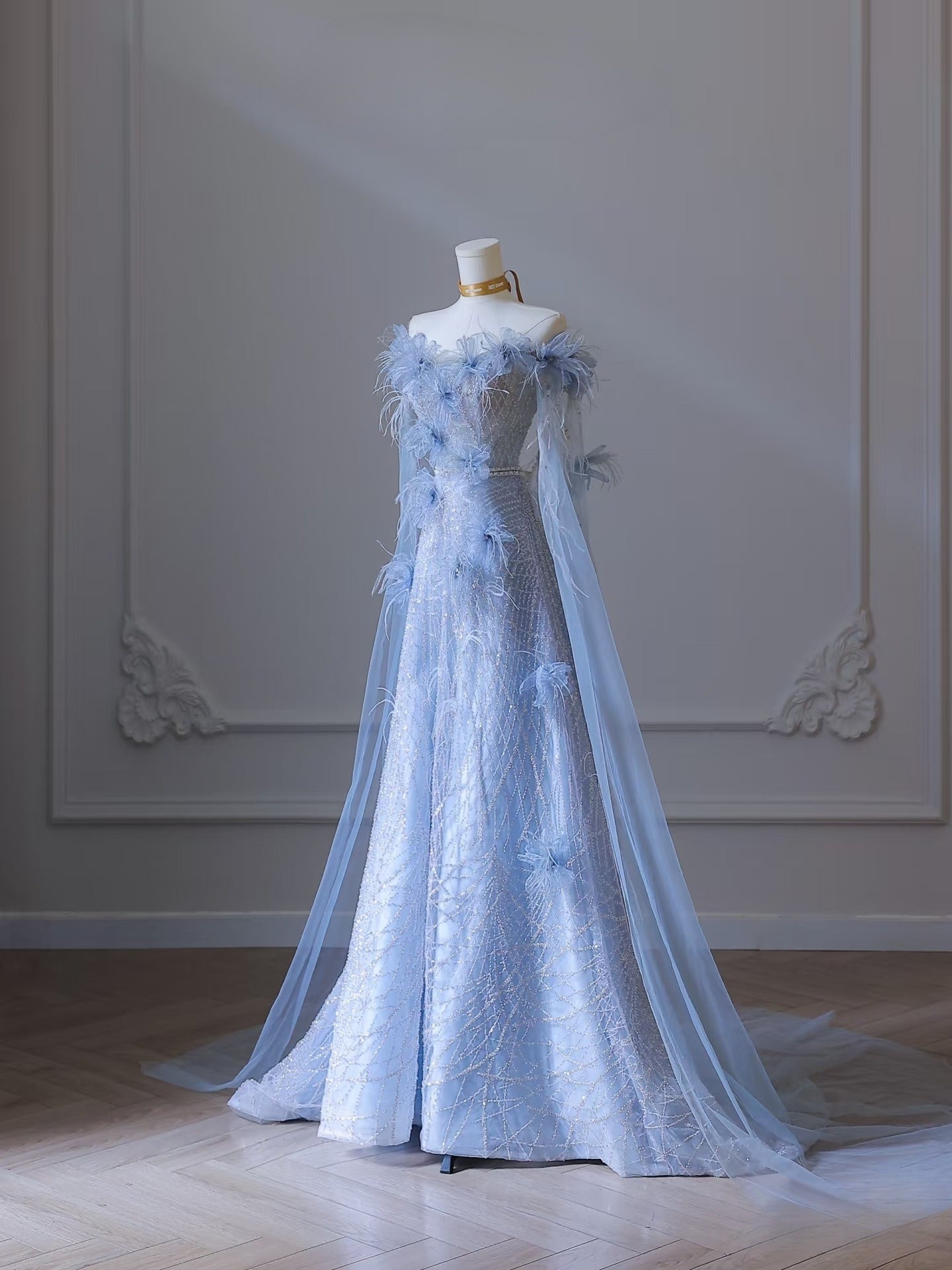 Classy Balll Gown Sweetheart Floral Blue Tulle Long Evening Dress Prom Dresses SD2518