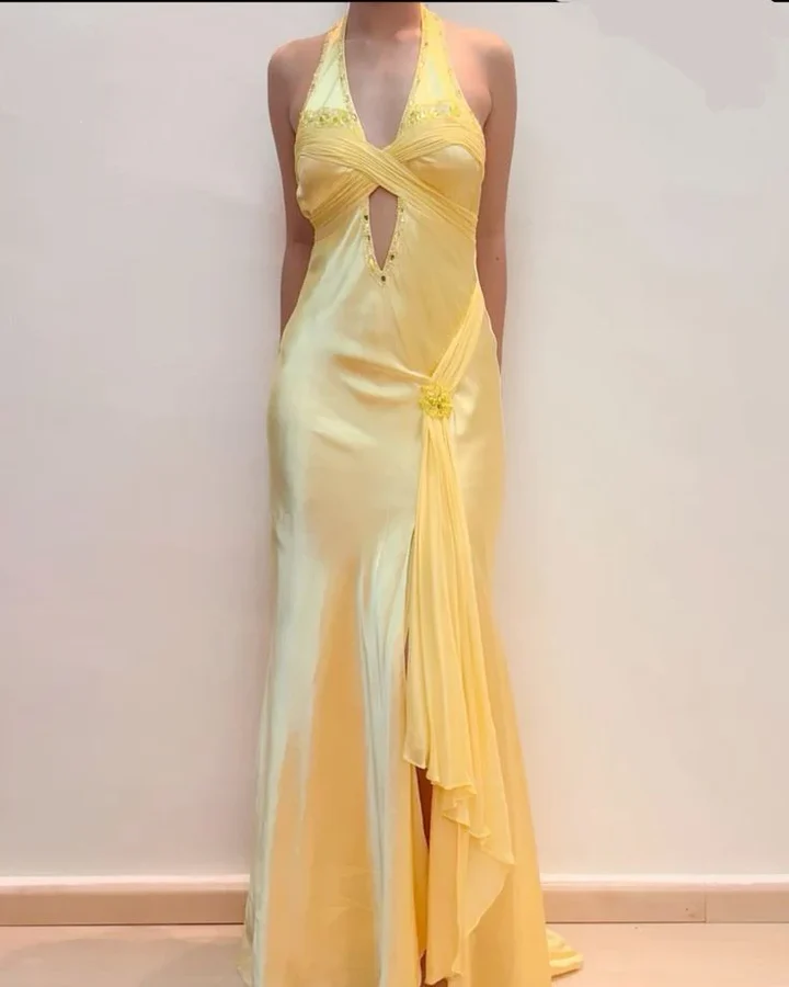 Pretty Mermaid V Neckline Satin Yellow Long Prom Dresses Formal Evening Dresses SD2709