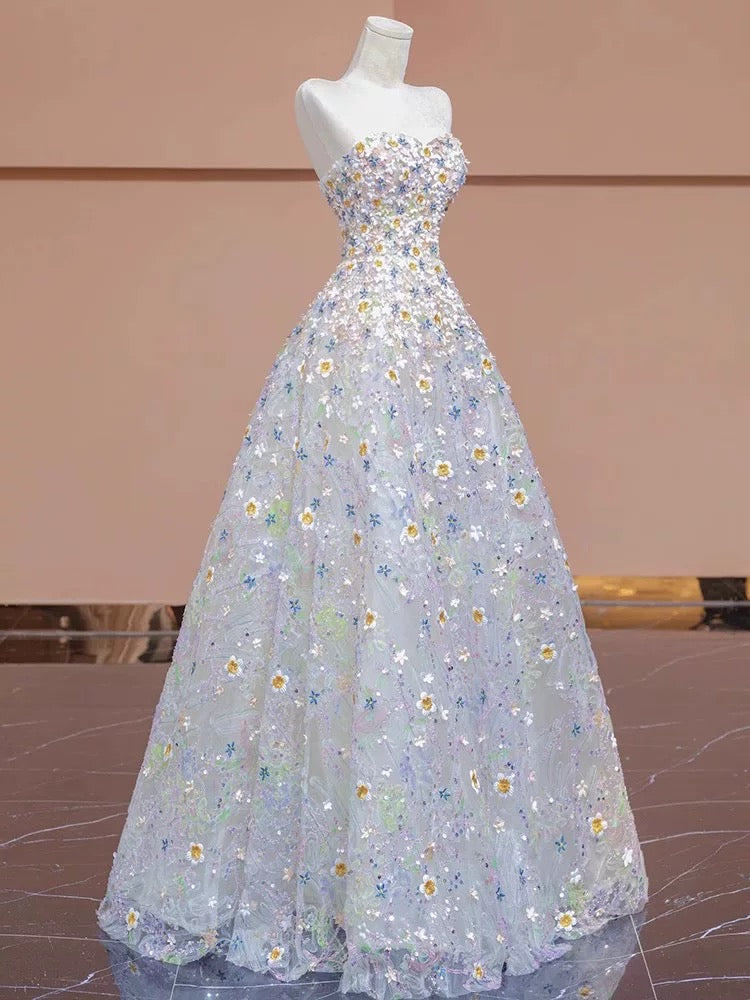 Gorgeous Balll Gown Sweetheart Floral Tulle Long Evening Dress Prom Dresses SD2749