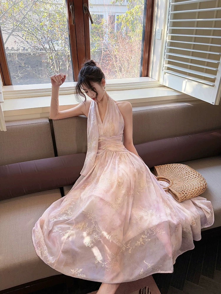 Pretty A Line Halter Pink Chiffon Floral Ankle Length Evening Dress Prom Dresses SD2821