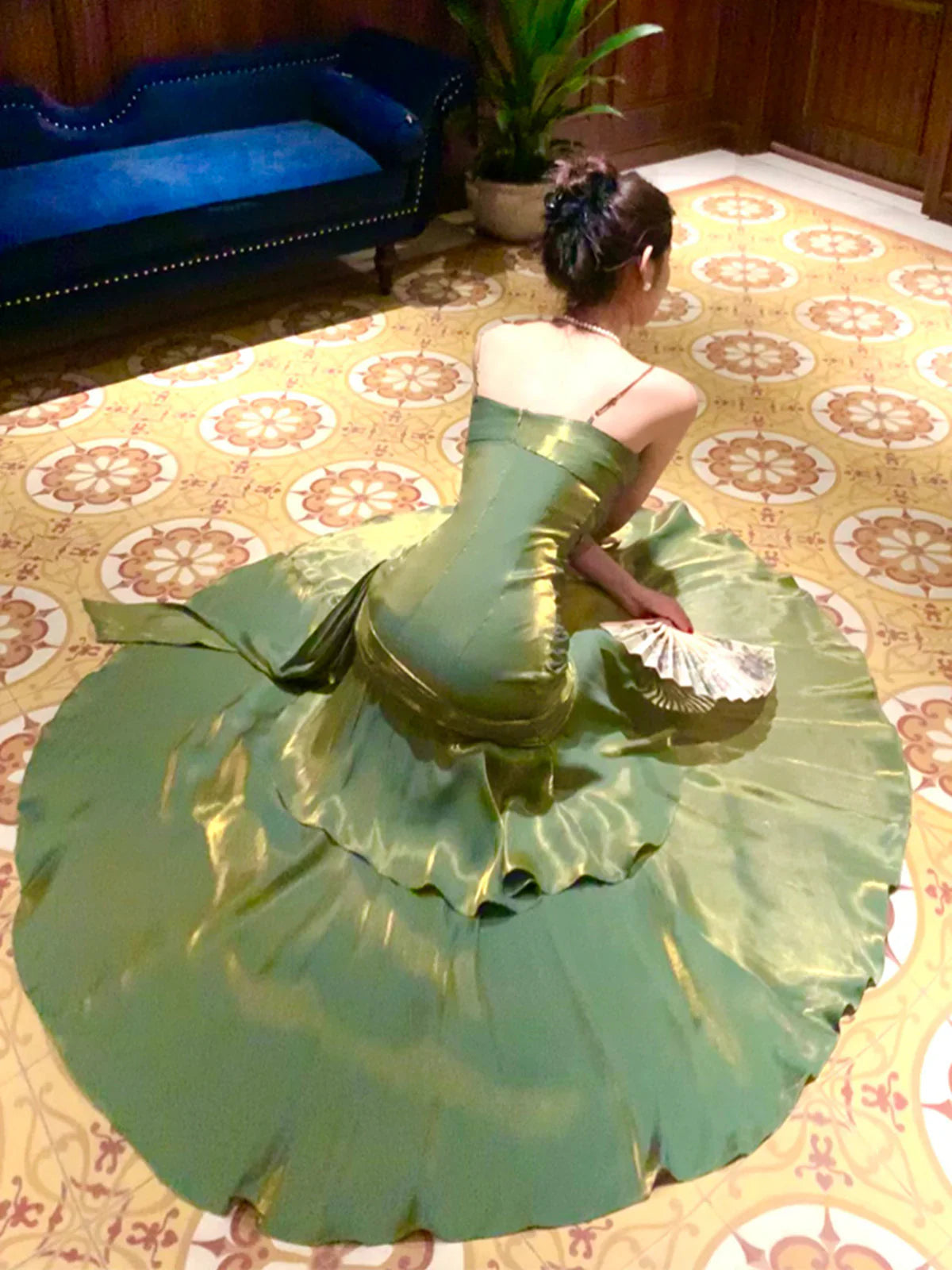 Retro Green Mermaid Straps Long Satin Party Dress, Green Satin Evening Dress Prom Dress SD2952