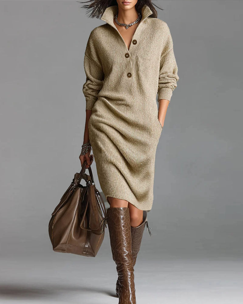 Collared Button Long Sleeve Knit Midi Dress Pocket