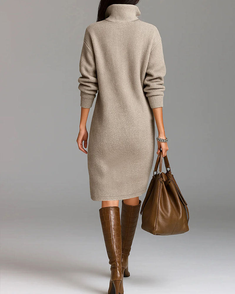 Collared Button Long Sleeve Knit Midi Dress Pocket 3