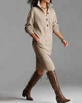 Collared Button Long Sleeve Knit Midi Dress Pocket 4