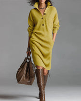 Collared Button Long Sleeve Knit Midi Dress Pocket 2