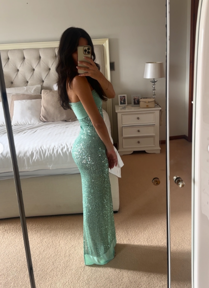 Sparkly Strapless Green Sequin Mermaid Prom Dress Long Party Gown With Ribbon D1032