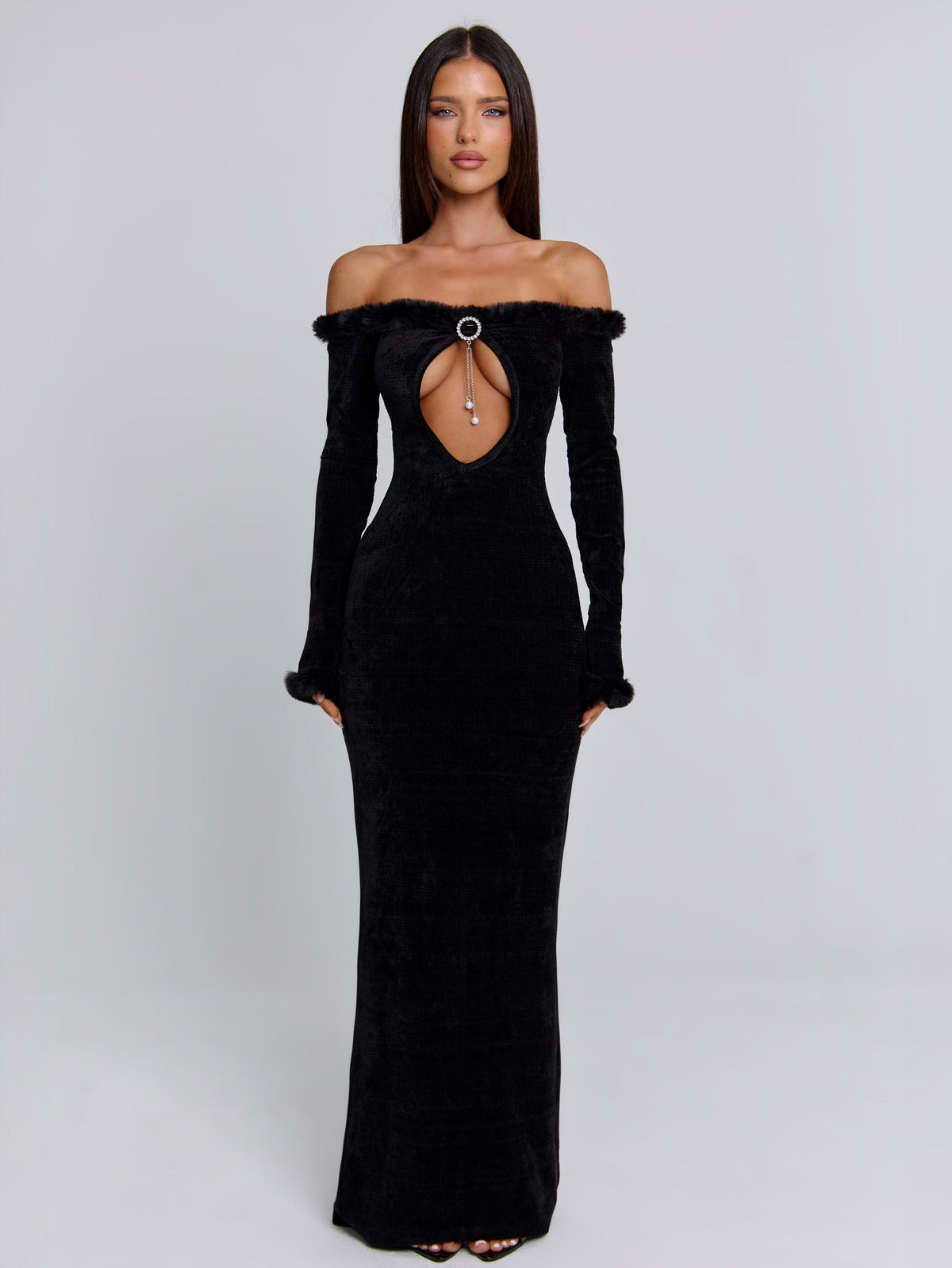 Velvet Off Shoulder Faux Fur Trim Keyhole Cut Out Long Sleeve Maxi Dress 4