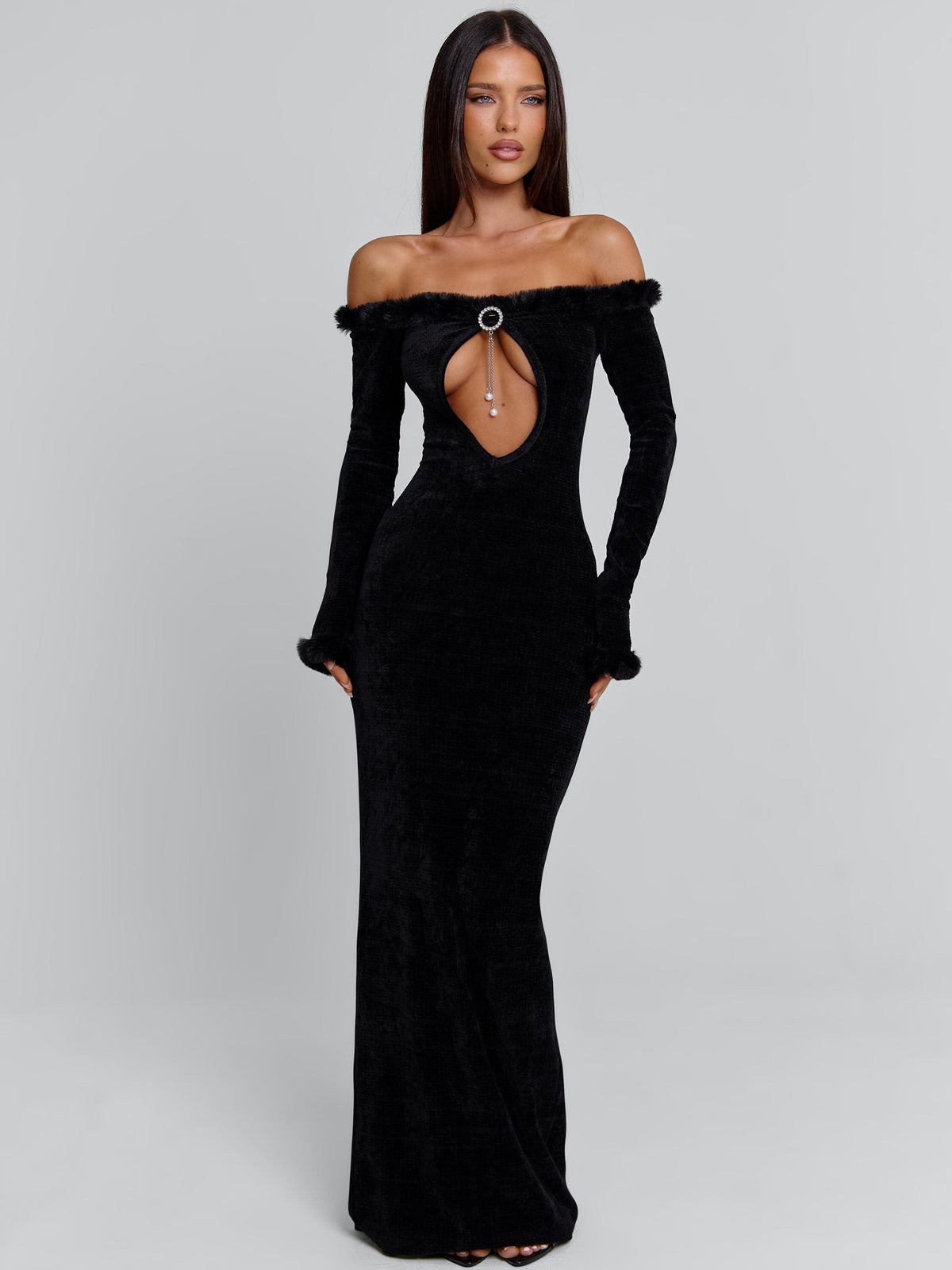 Velvet Off Shoulder Faux Fur Trim Keyhole Cut Out Long Sleeve Maxi Dress