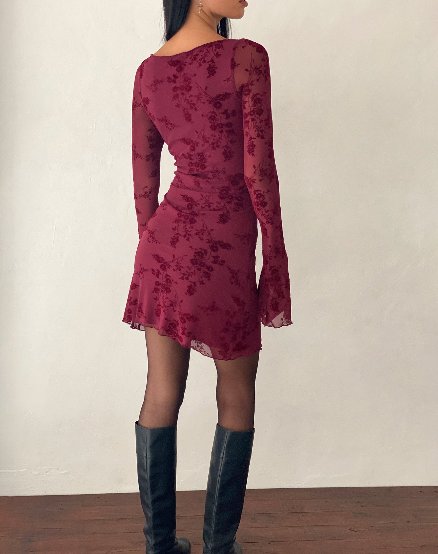 Flocked Floral Mesh Long Sleeve Ruched Mini Dress 4