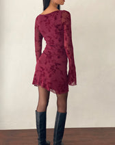 Flocked Floral Mesh Long Sleeve Ruched Mini Dress 4