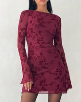 Flocked Floral Mesh Long Sleeve Ruched Mini Dress 5