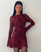 Flocked Floral Mesh Long Sleeve Ruched Mini Dress 3