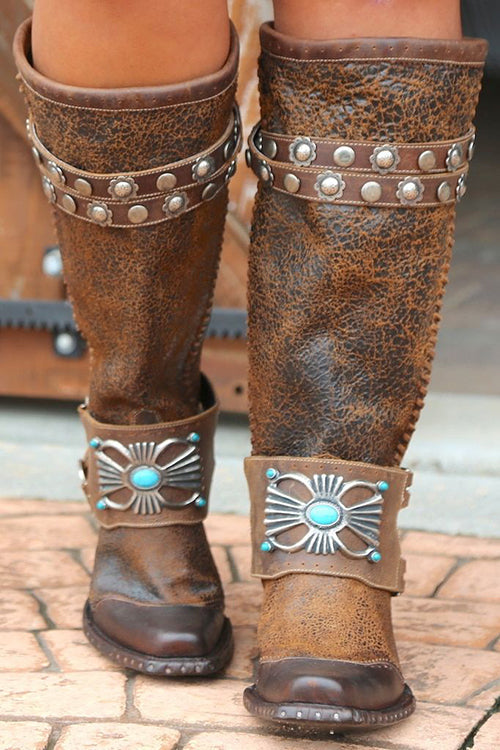 Rivets Turquoise Slip On High Boots
