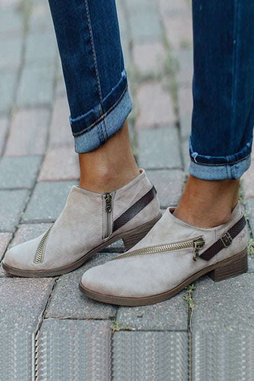 Buckle Zipper Slip On Low Heels Ankle Boots