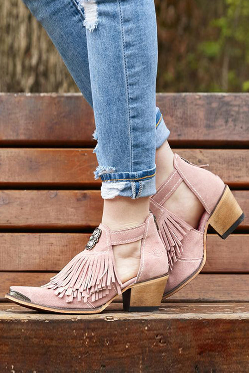 Hollow Tassels Chunky Heels Ankle Boots