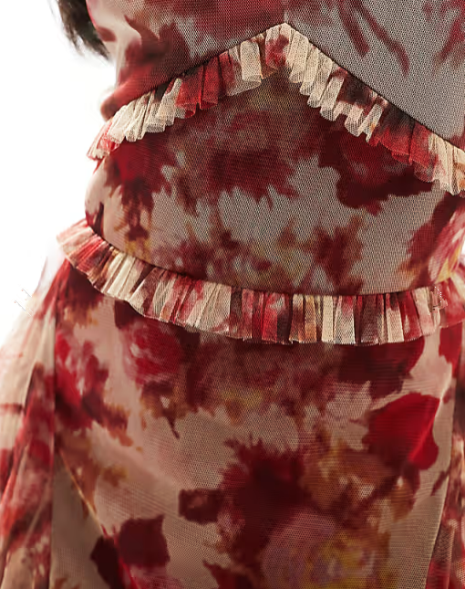 Unique Tulle Chiffon Rose Floral Print Ruffles Party Evening Dress A Line Prom Dress cc1432