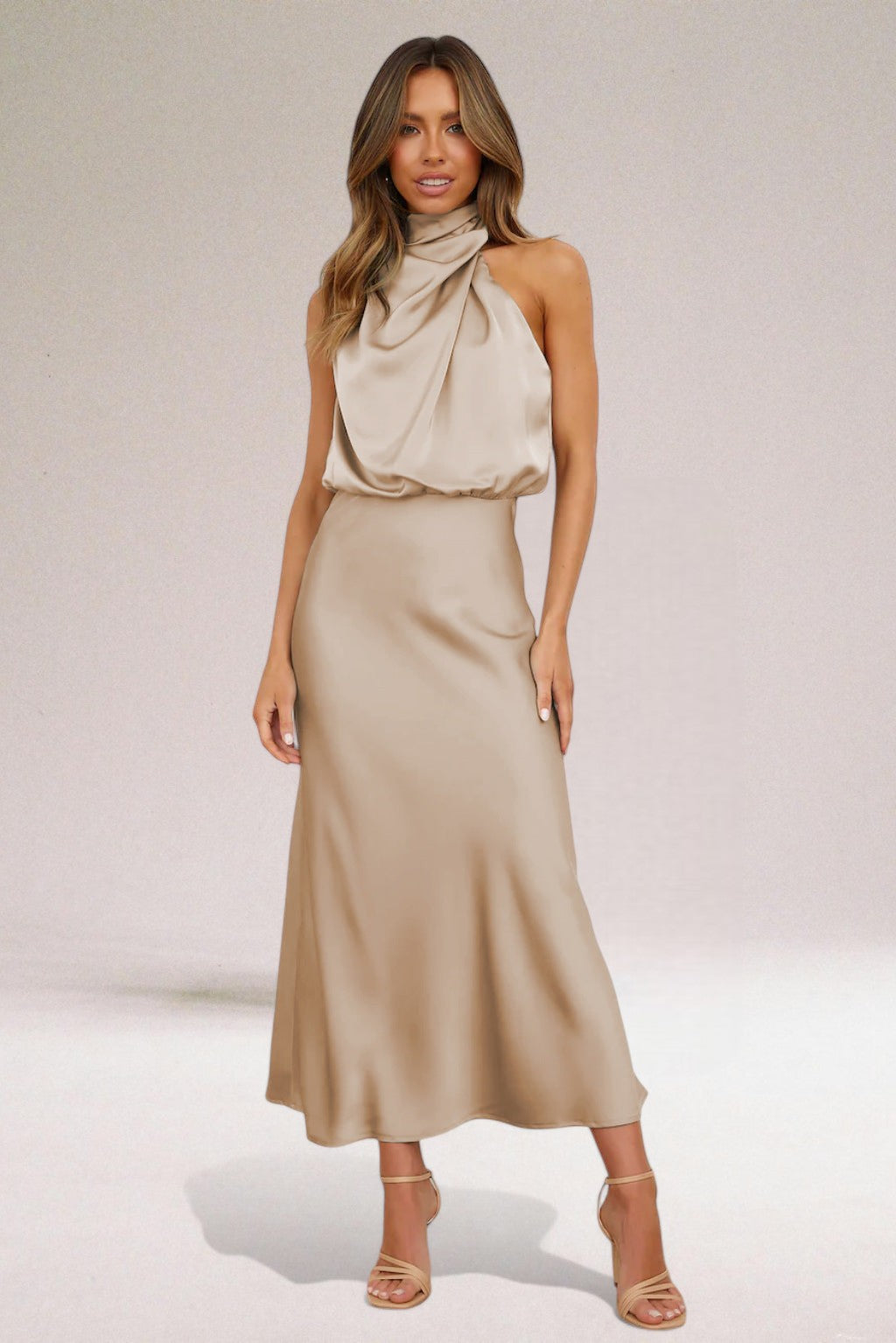 Halter Neck Draped Sleeveless Satin Maxi Dress