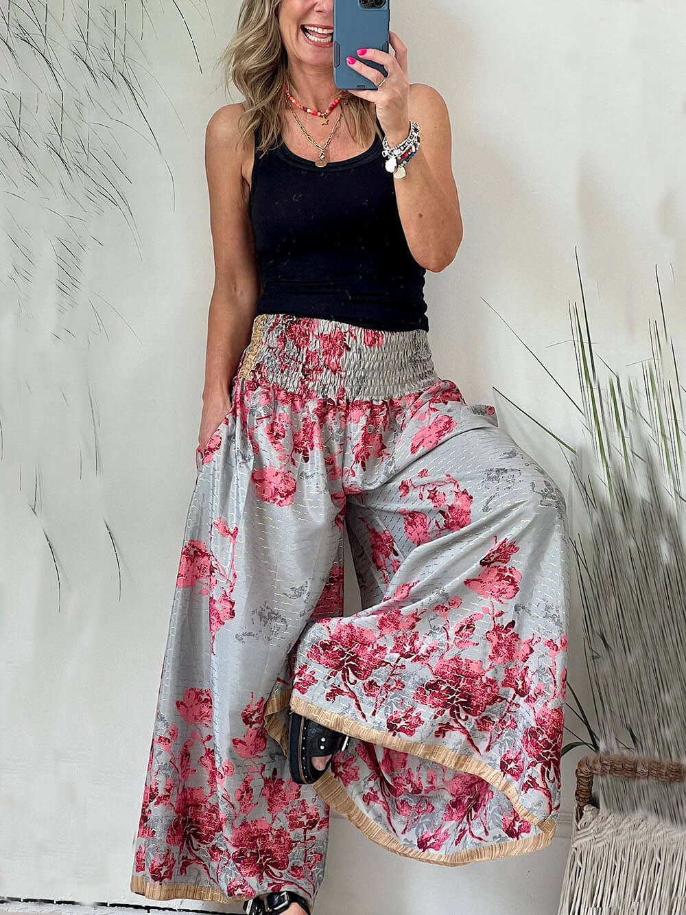 High Waist Smocked Tie Dye Print Wide Leg Pants