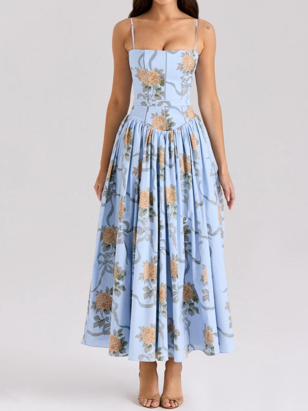 Printed fitted camisole midi dress Blue