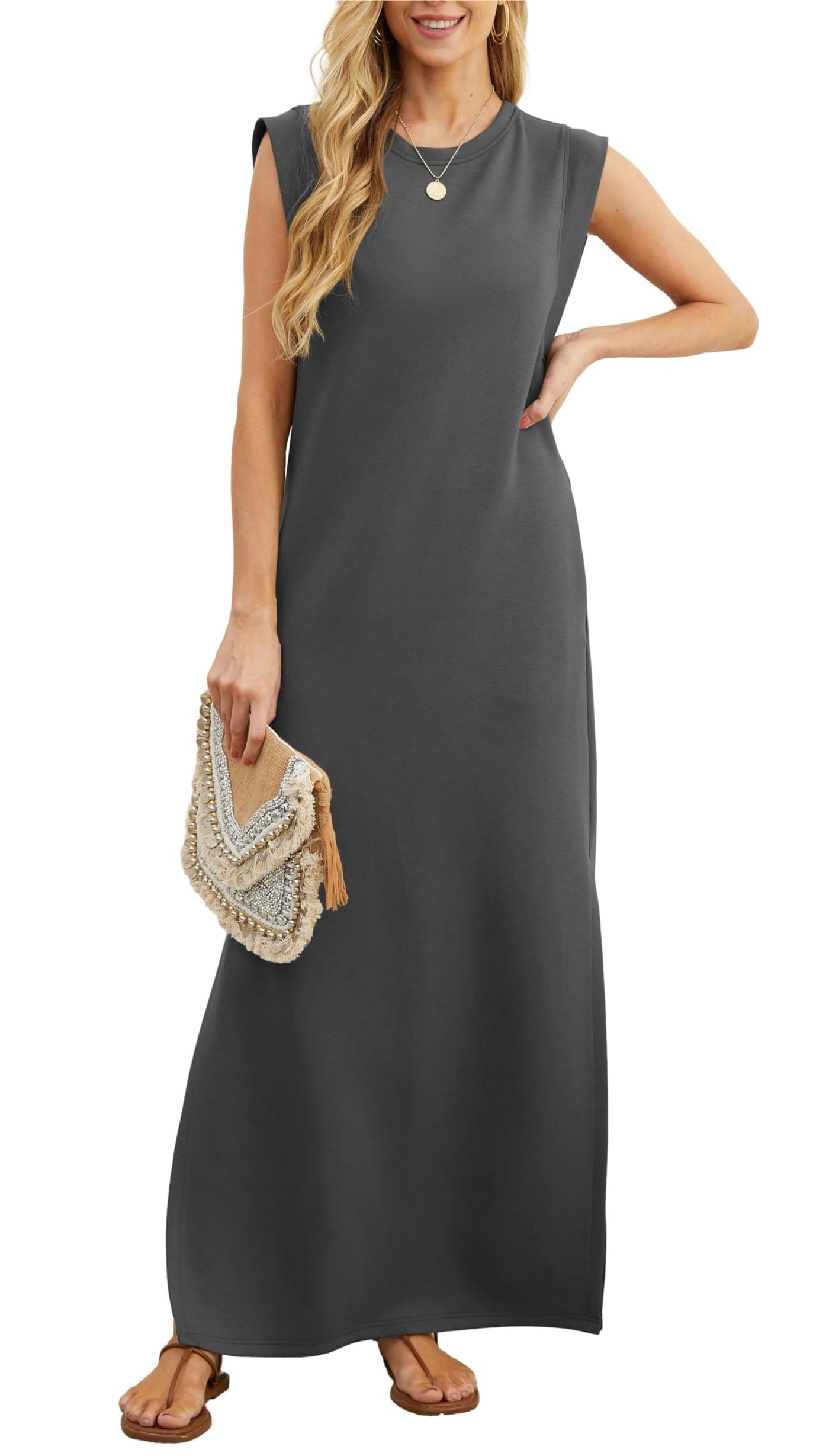 Crew Neck Sleeveless Padded Shoulder Maxi Dress 3